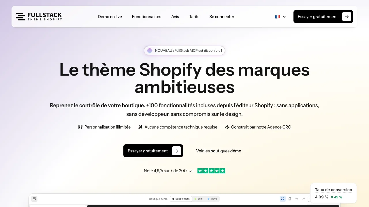 Page d’accueil de themefullstack.com : « Le thème Shopify des marques ambitieuses », deux boutons d’essai gratuit et la mention « Noté 4,9/5 sur + de 200 avis »