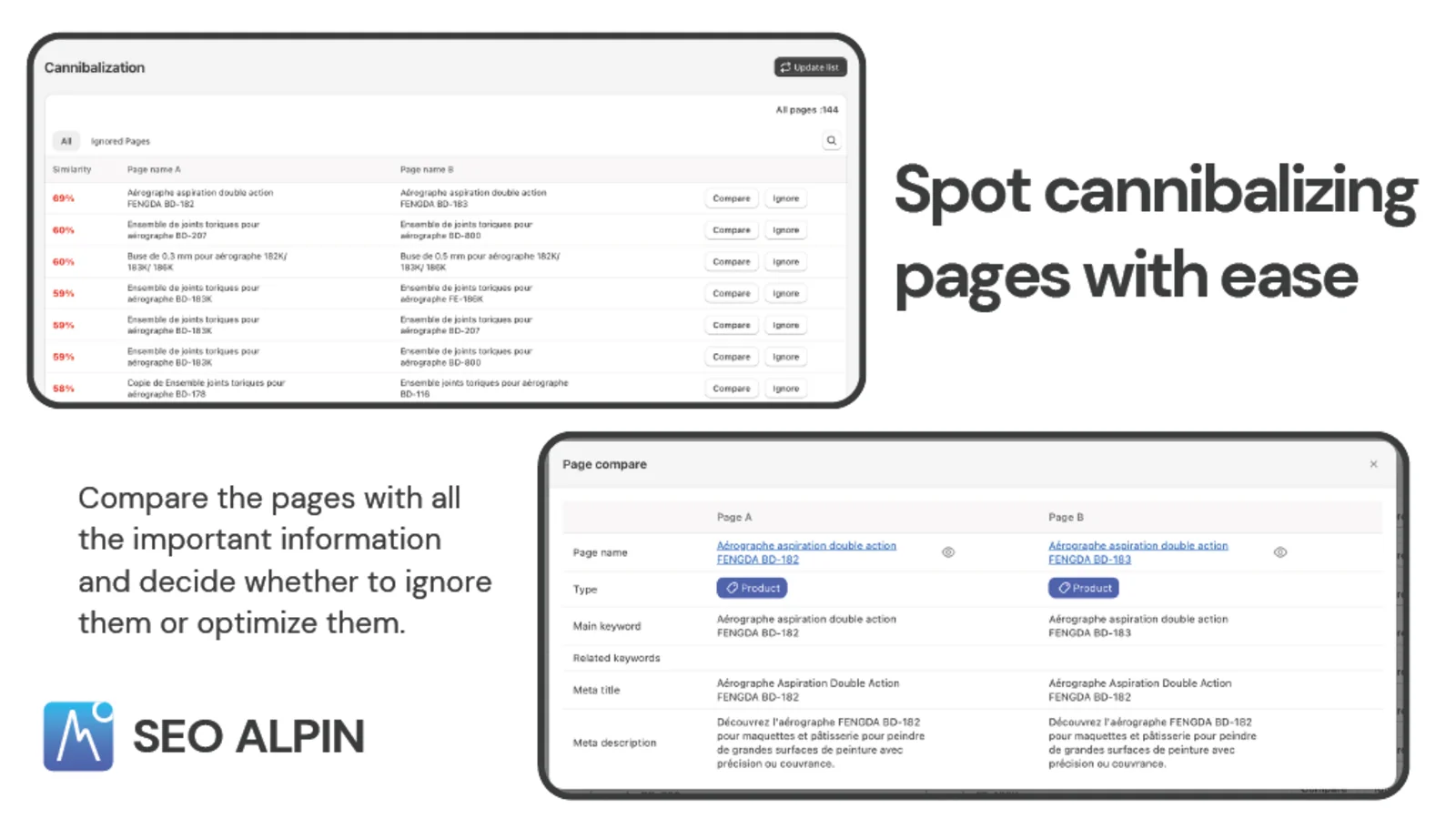 Tableau de bord de SEO Alpin — capture publiée par l’éditeur sur Shopify