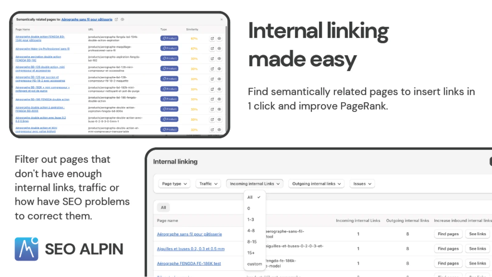Interface de maillage interne de SEO Alpin